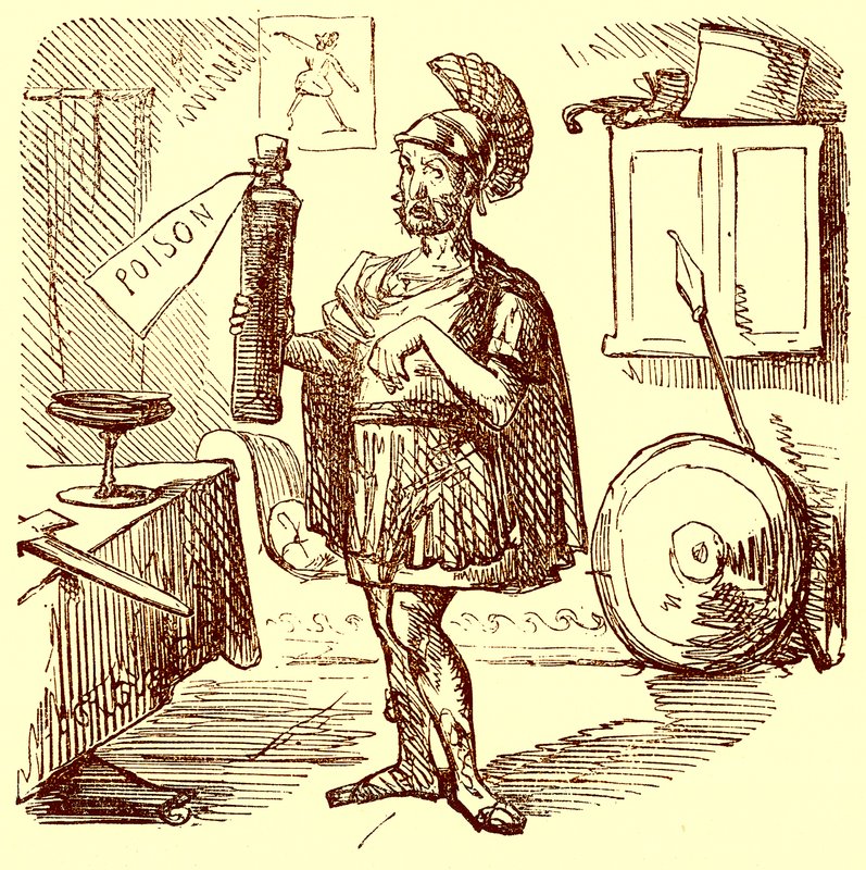 Annibale fa il solito discorso appropriato prima di uccidersi, illustrazione da La Storia Comica di Roma di Gilbert Abbott a Beckett, pubblicata c.1850 da English School