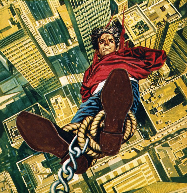 Harry Houdini sospeso dalla cima di un grattacielo di New York da English School