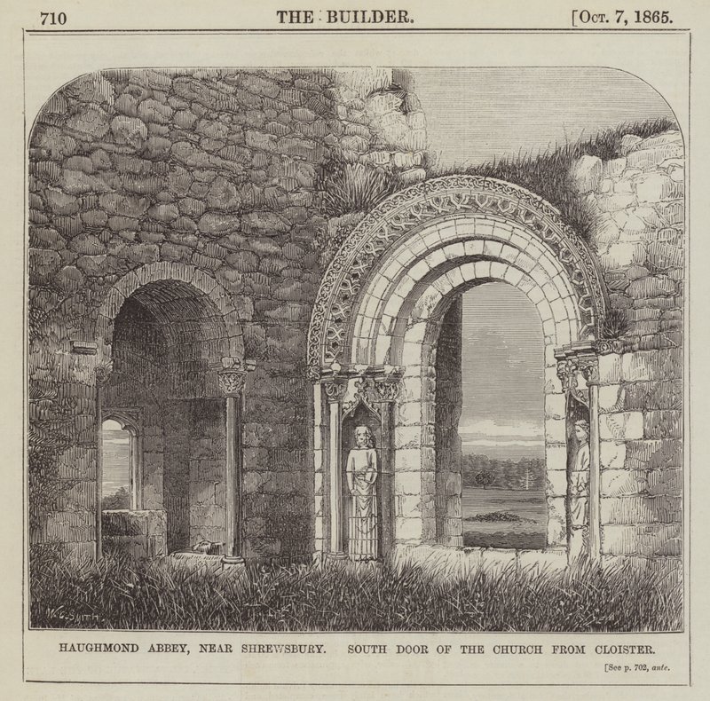 Abbazia di Haughmond, vicino a Shrewsbury, Porta Sud della Chiesa dal Chiostro da English School