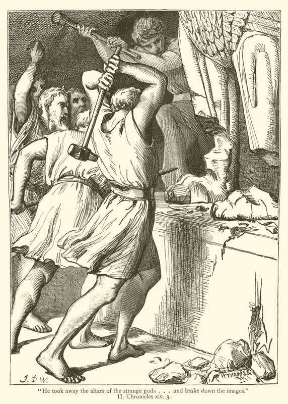 "Rimosse gli altari degli dèi stranieri... e distrusse le immagini", II, Cronache, xiv, 3 (incisione) da English School