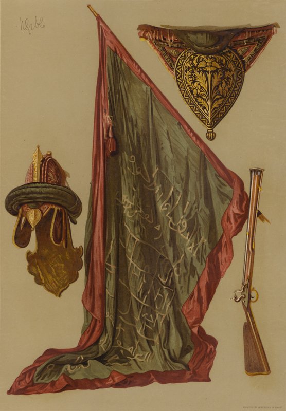 Elmo e stendardo di Tippoo Sultan (cromolitografia) da English School