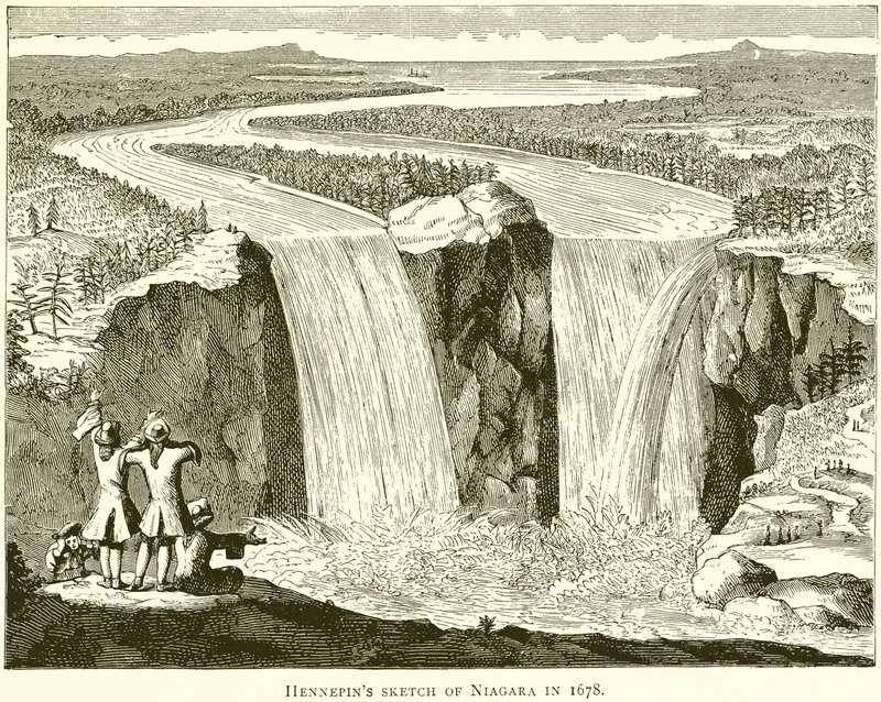 Schizzo di Hennepin delle Cascate del Niagara nel 1678 da English School