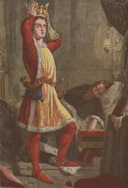 Enrico, Principe di Galles, il futuro re Enrico V, che prova la corona di suo padre da English School