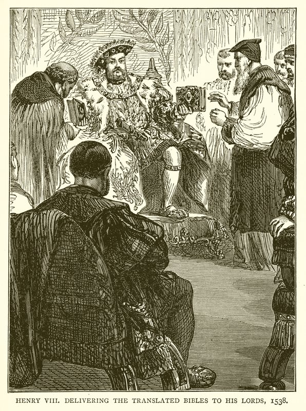 Enrico VIII consegna le Bibbie tradotte ai suoi signori, 1538 da English School