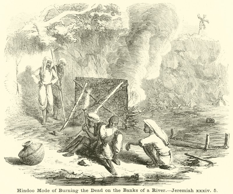 Modo indù di bruciare i morti sulle rive di un fiume, Geremia, xxxiv, 5 da English School
