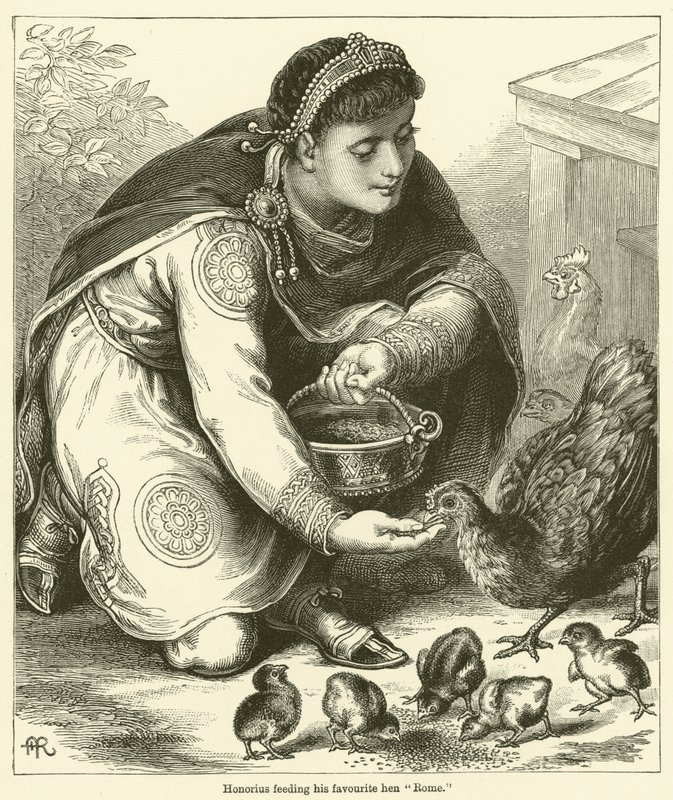 Onorio che nutre la sua gallina preferita "Roma" (incisione) da English School
