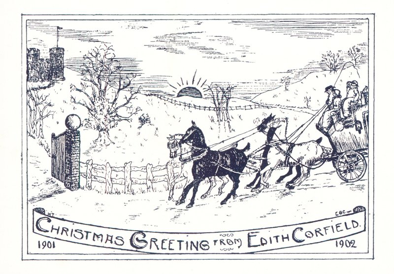 Cavallo e carrozza in viaggio verso il castello, cartolina di Natale da English School