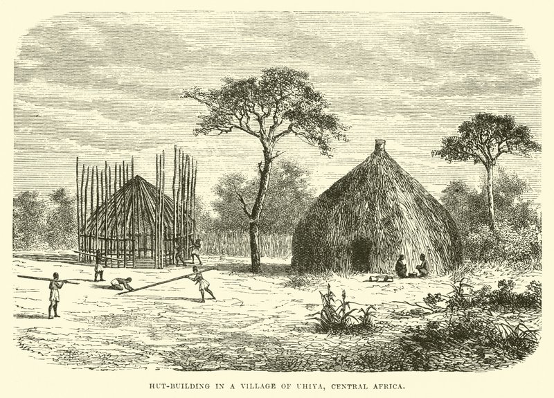 Costruzione di capanne in un villaggio di Uhiya, Africa Centrale da English School