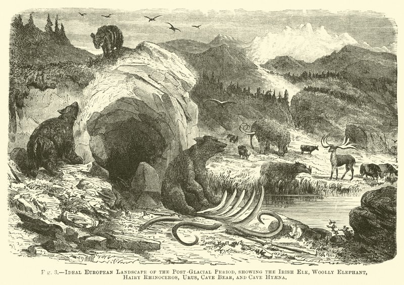 Paesaggio europeo ideale del periodo post-glaciale, con alce irlandese, elefante lanoso, rinoceronte lanoso, uro, orso delle caverne e iena delle caverne da English School
