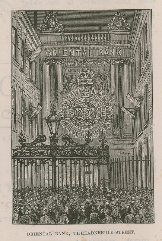 Illuminazioni che adornano la Oriental Bank in Threadneedle Street da English School