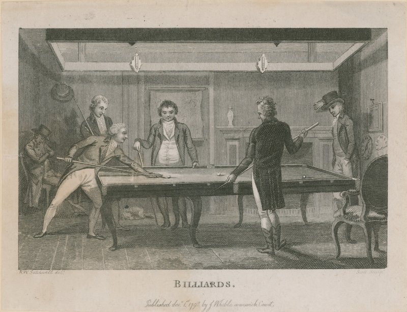 Illustrazione che raffigura un gruppo di uomini che giocano a biliardo da English School