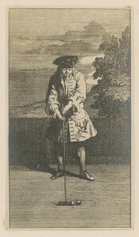 Illustrazione che raffigura un uomo che gioca a croquet da English School