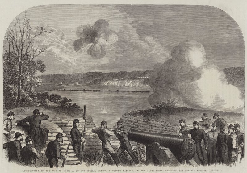 Illustrazioni della guerra in America, la batteria di Howlett sul fiume James, impegnata contro i monitor federali (incisione) da English School
