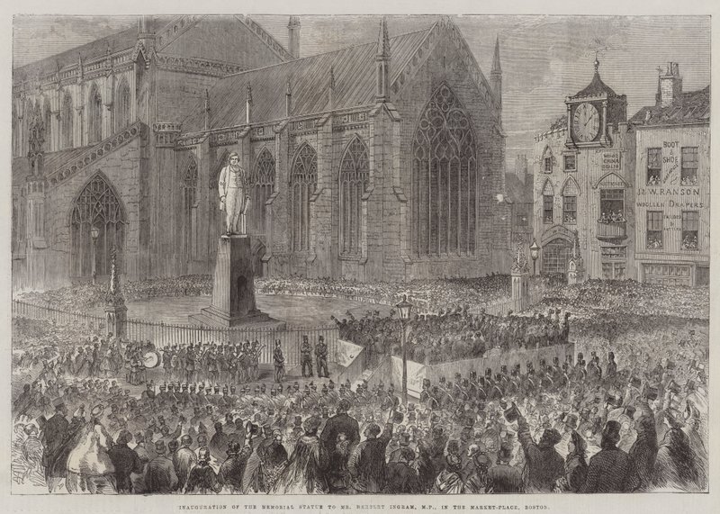 Inaugurazione della Statua Commemorativa al Sig. Herbert Ingram, MP, nella Piazza del Mercato, Boston (incisione) da English School