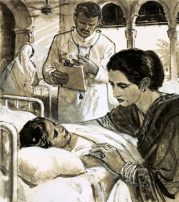Indira Gandhi che veglia su un bambino in ospedale da English School