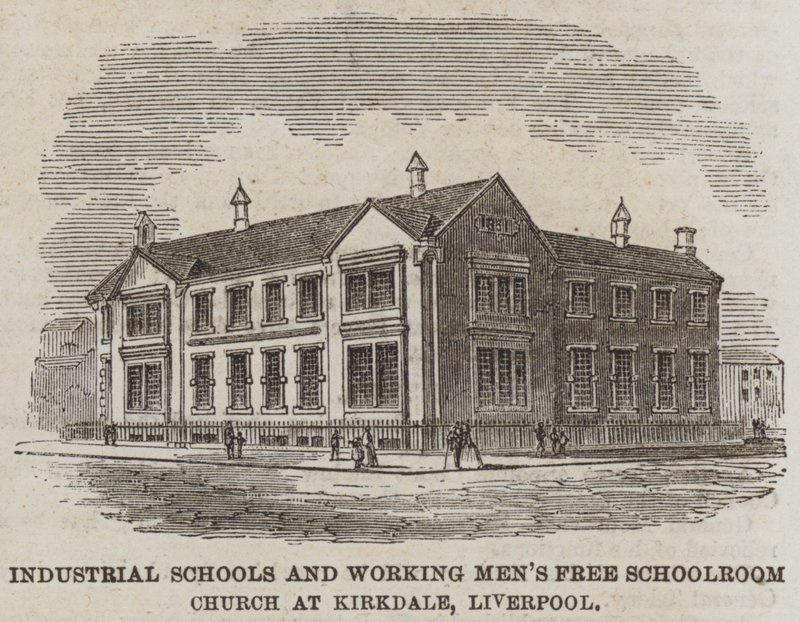Scuole industriali e sala scolastica gratuita per lavoratori a Kirkdale, Liverpool (incisione) da English School