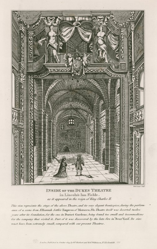Interno del Teatro del Duca a Lincolns Inn Fields, come appariva durante il regno di re Carlo II da English School
