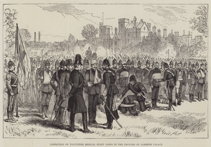 Ispezione del Corpo Medico Volontario nei Giardini del Palazzo di Lambeth (incisione) da English School