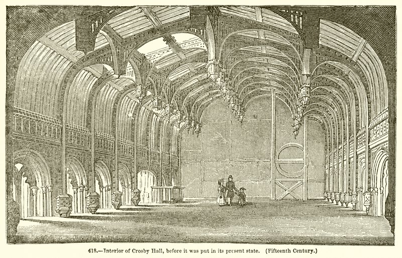 Interno di Crosby Hall, prima del restauro (XV secolo) da English School