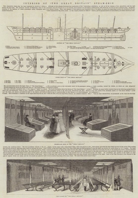 Interno della nave a vapore "The Great Britain" (incisione) da English School