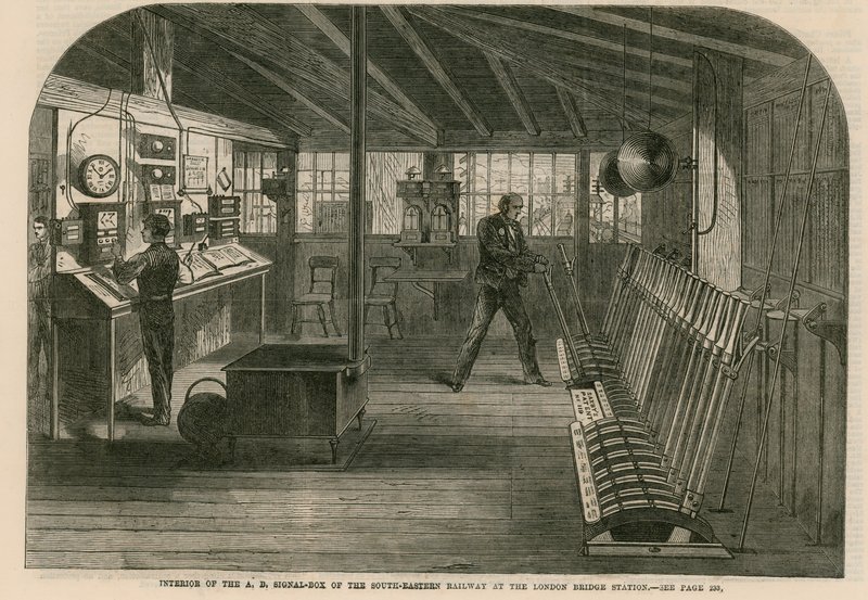 Interno della cabina di segnalazione A, B della South-Eastern Railway alla stazione di London Bridge da English School