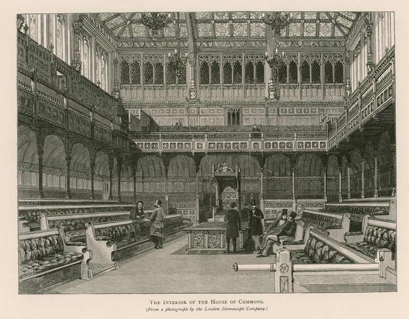 Interno della Camera dei Comuni, Westminster, Londra da English School