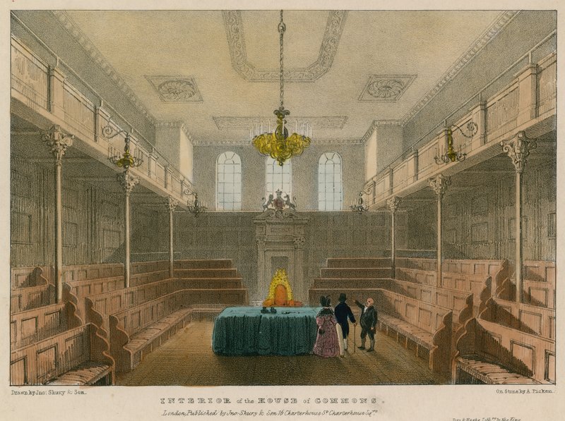 Interno della Camera dei Comuni, Westminster, Londra da English School