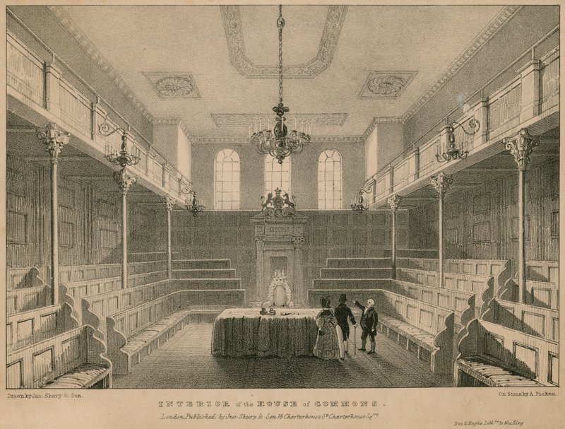 Interno della Camera dei Comuni, Westminster, Londra da English School