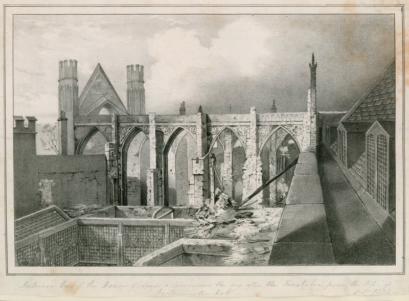 Veduta interna delle Case dei Lord e dei Comuni il giorno dopo gli incendi presa dalla cima della Westminster Hall da English School