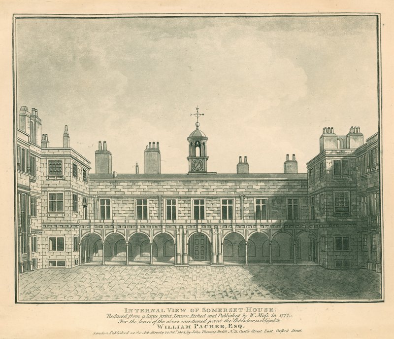 Vista interna di Somerset House, The Strand, Londra; basata su una stampa disegnata da W Moss nel 1777 da English School