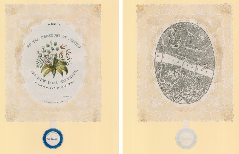 Invito alla cerimonia di apertura del New Coal Exchange, 30 ottobre 1849, fronte e retro da English School