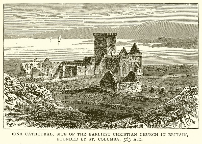 Cattedrale di Iona, sito della prima chiesa cristiana in Gran Bretagna, fondata da San Columba, 563 d.C. da English School