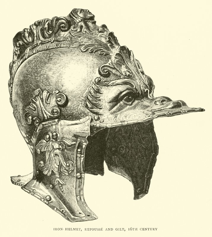 Elmo di ferro, repoussé e dorato, XVI secolo da English School