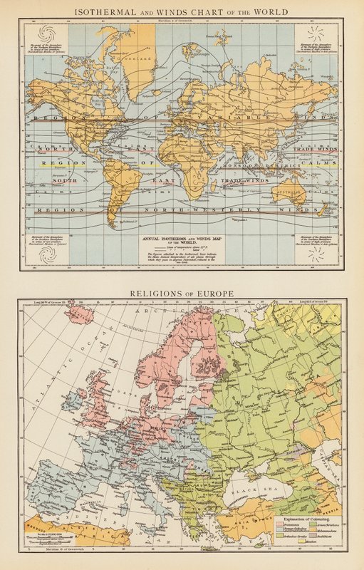 Carta delle isoterme e dei venti del mondo; Religioni d