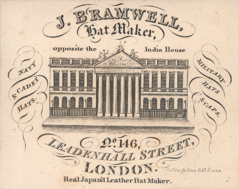 J Branwell, cappellaio, 146 Leadenhall Street, biglietto da visita da English School
