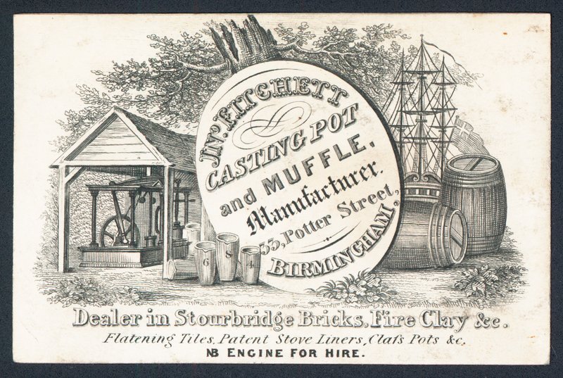 J N Fitchett, produttore di pentole e muffole, biglietto commerciale da English School