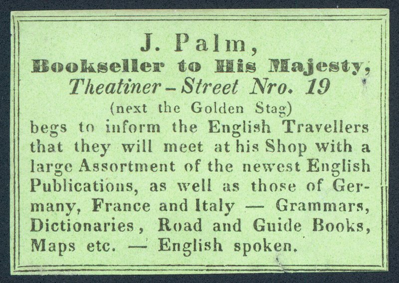 J Palm, libraio di Sua Maestà, biglietto da visita da English School