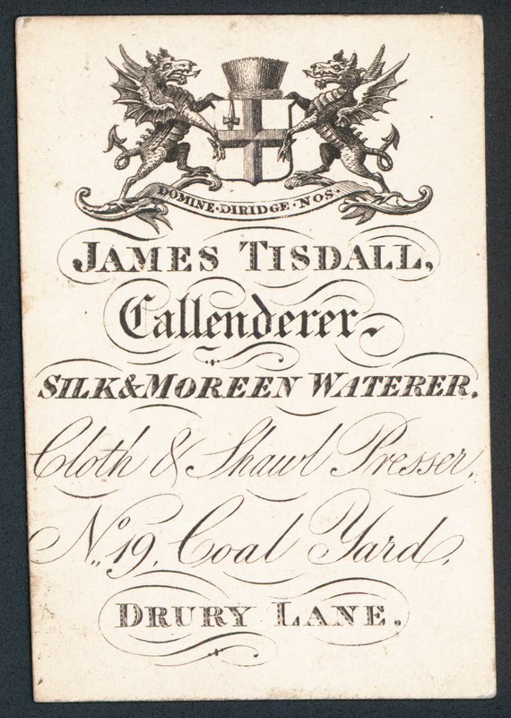 James Tisdall, Callenderer, seta e moreen waterer, biglietto da visita da English School