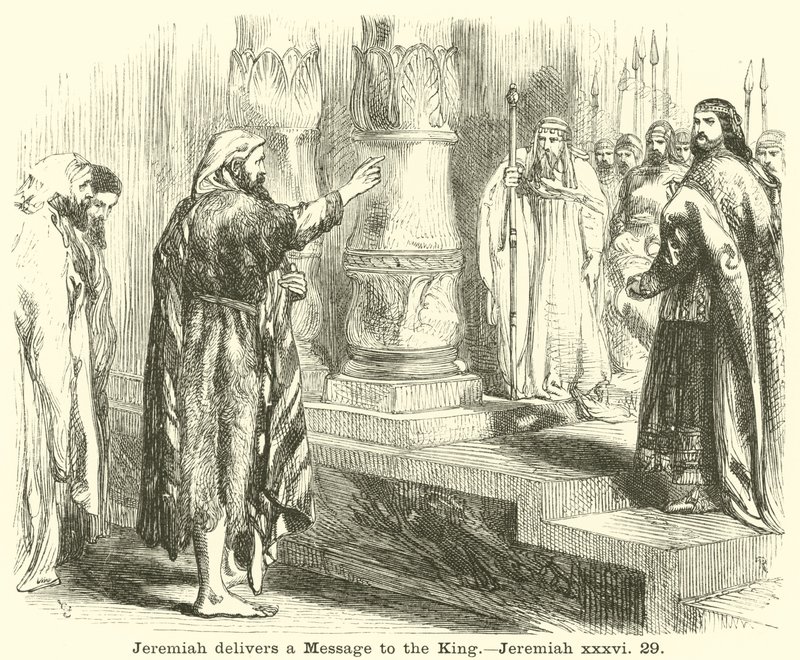 Geremia consegna un messaggio al re, Geremia, xxxvi, 29 da English School