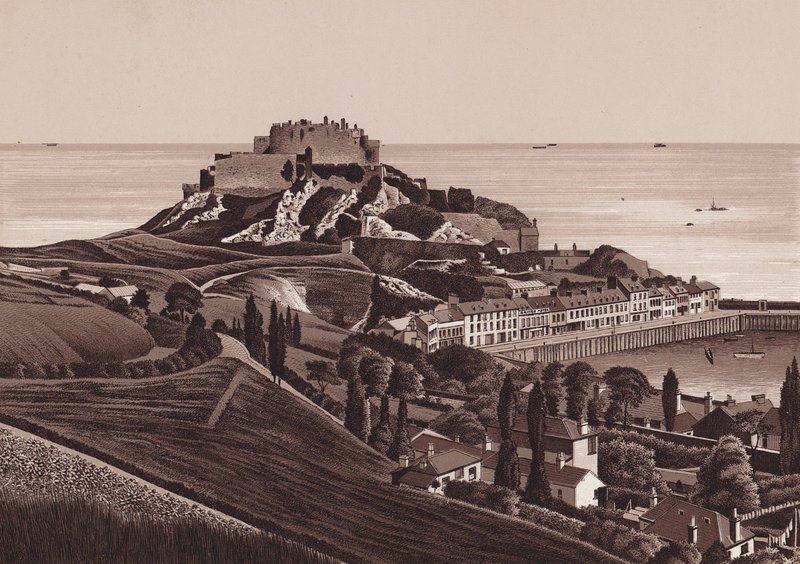Jersey, Isole del Canale: Castello di Mont Orgueil e porto di Gorey da English School