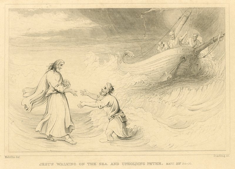 Gesù cammina sul mare e sostiene Pietro, Matteo XIV, 24-33 (incisione) da English School