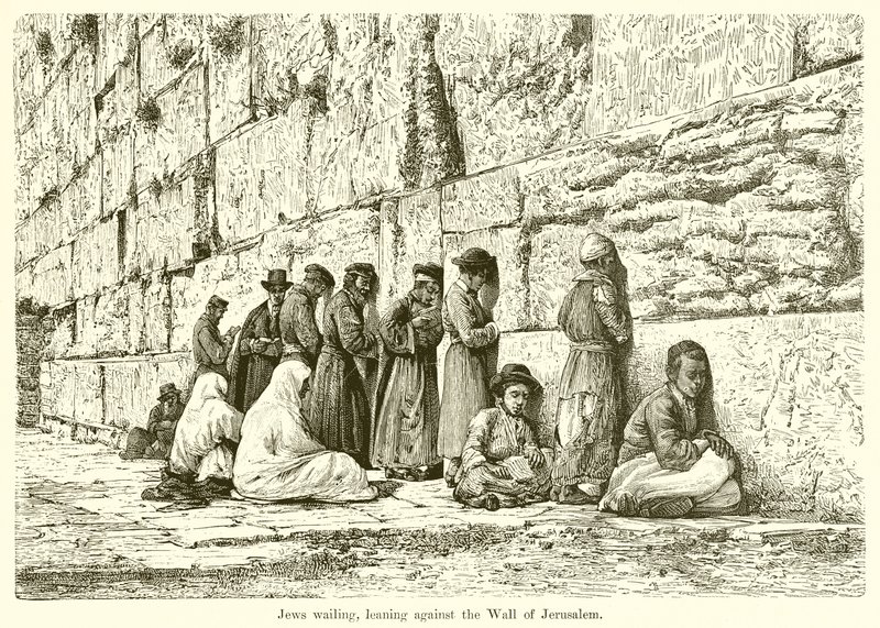 Ebrei in lutto, appoggiati al muro di Gerusalemme da English School