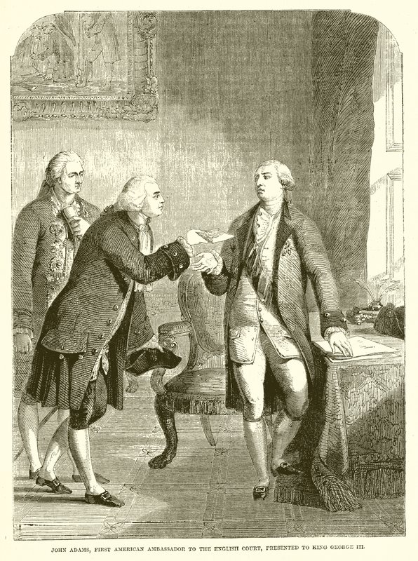 John Adams, primo ambasciatore americano alla corte inglese, presentato a re Giorgio III da English School