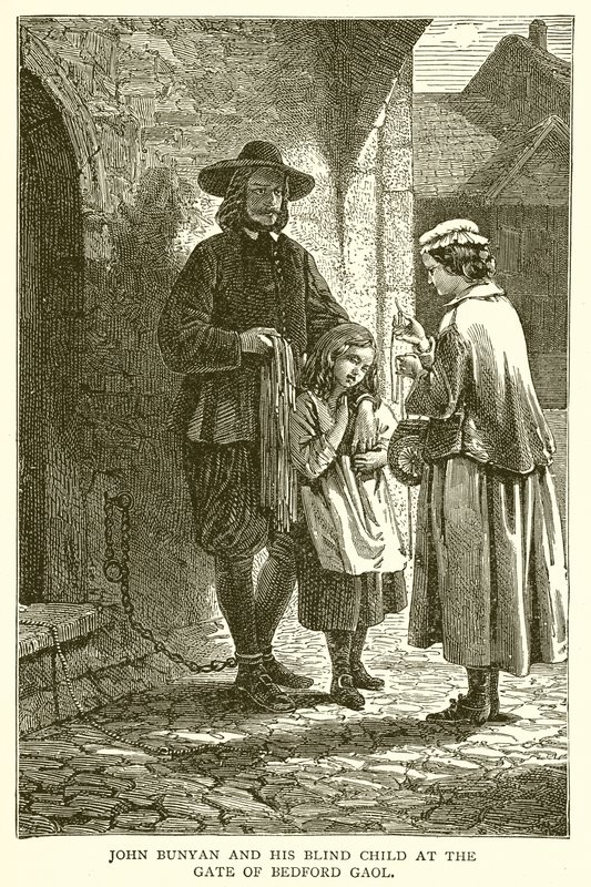 John Bunyan e il suo bambino cieco al cancello della prigione di Bedford da English School
