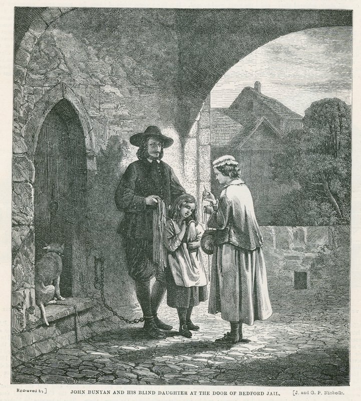 John Bunyan e sua figlia cieca alla porta della prigione di Bedford da English School