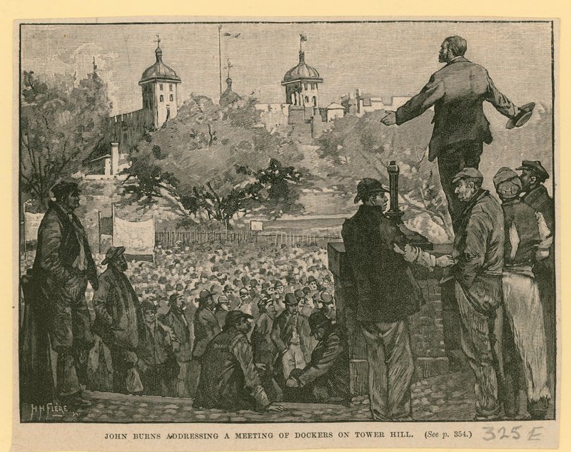 John Burns che parla a una riunione di scaricatori a Tower Hill da English School
