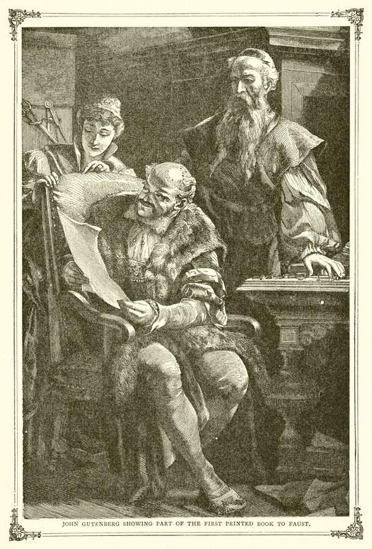 Johann Gutenberg mostra parte del primo libro stampato a Faust da English School