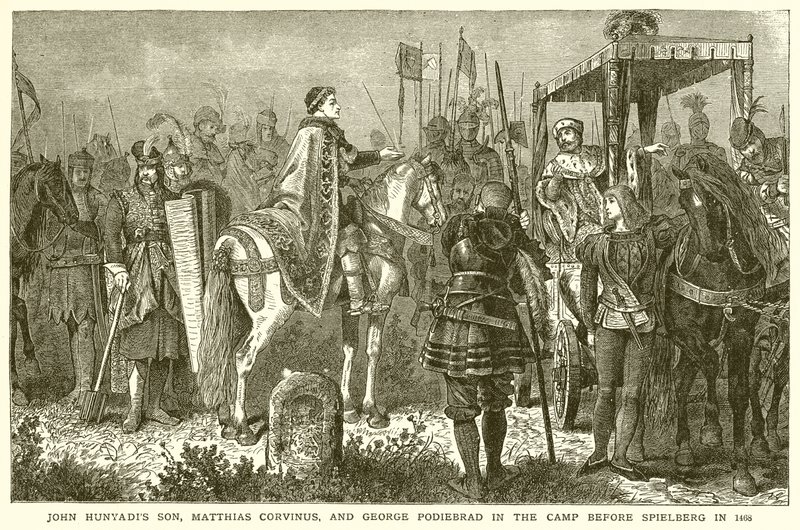 Il figlio di Giovanni Hunyadi, Mattia Corvino, e Giorgio Podiebrad nel campo davanti a Spielberg nel 1468 da English School