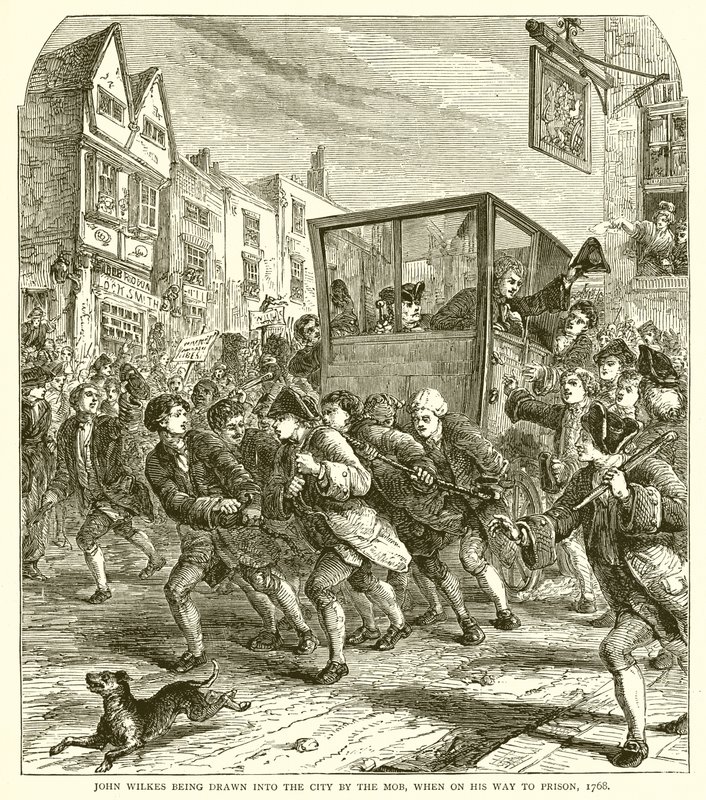 John Wilkes trascinato in città dalla folla, mentre si reca in prigione, 1768 da English School