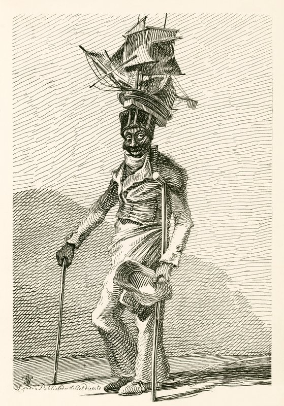 Joseph Johnson, un marinaio nero, con un modello della nave Nelson sul suo cappello da English School
